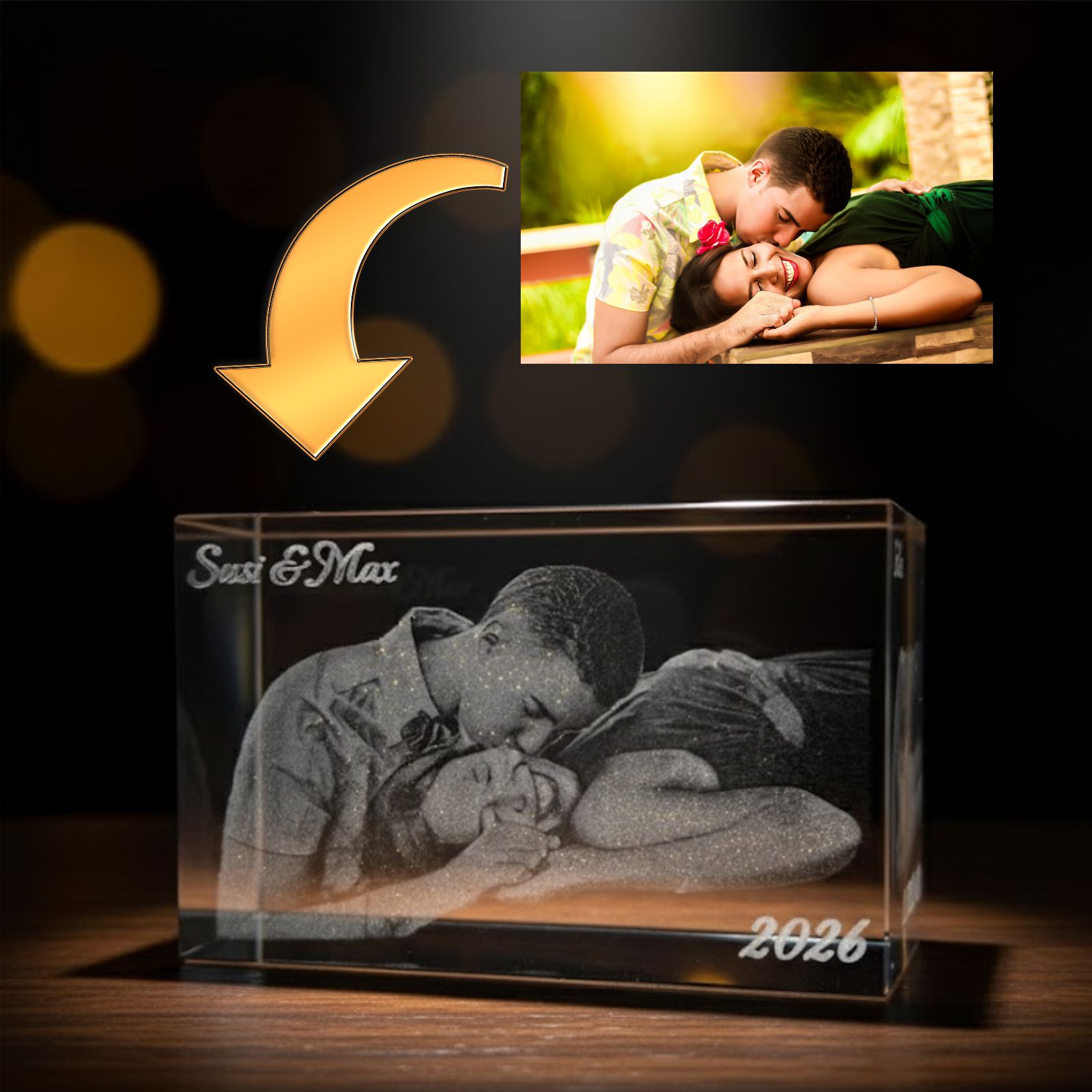 Glasquader mit 3D-Foto-Gravur aus Kristallglas